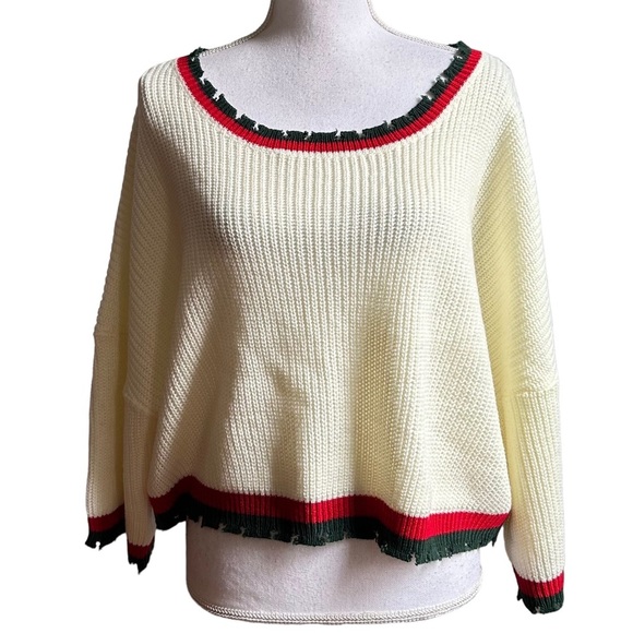 Lucca Cropped Ripped Edge Scoop Neck Sweater Women’s SZ Medium Cream Red… - Picture 1 of 8